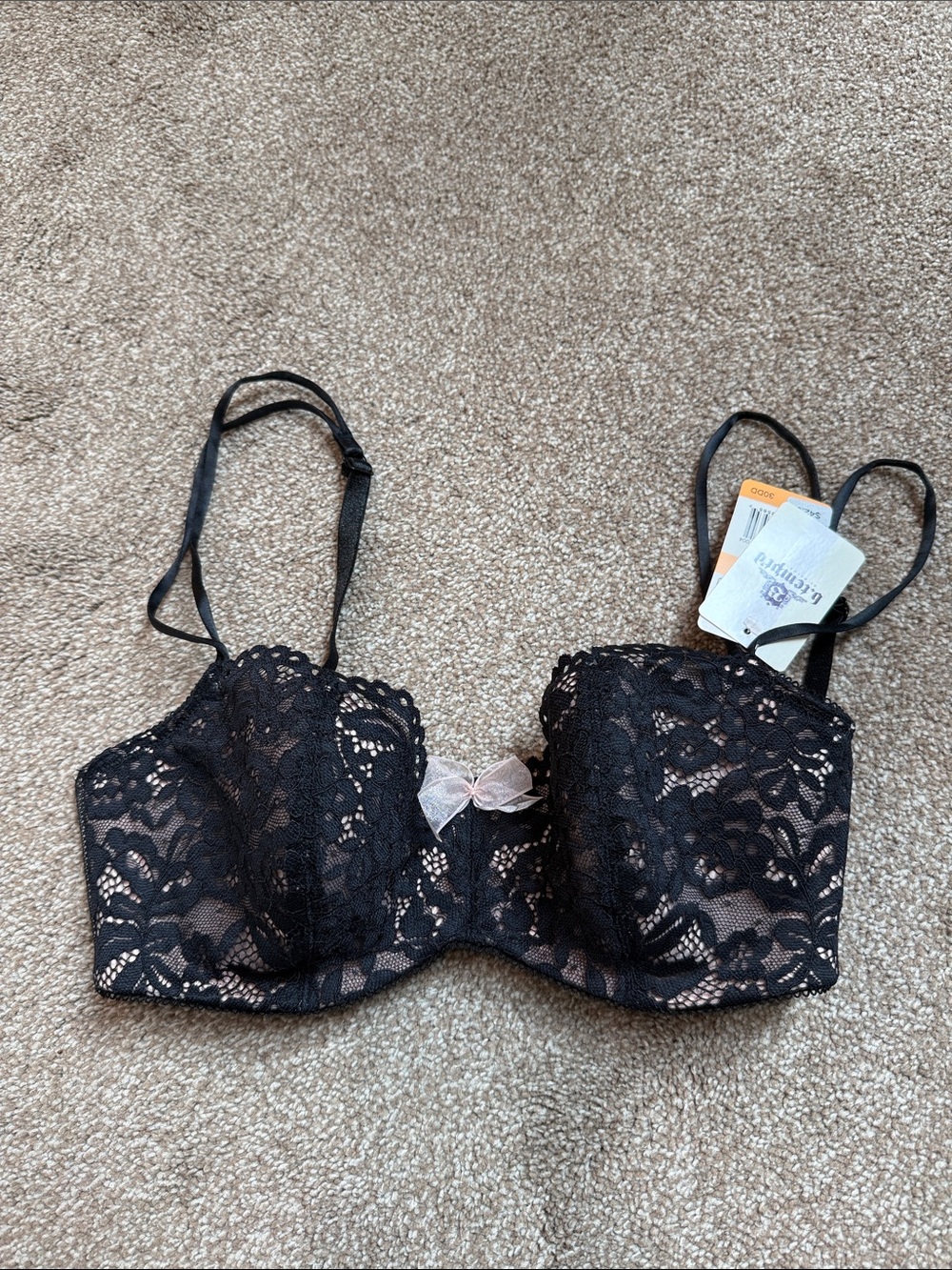 Black Lace Underwire Balconette Bra with Bow Accent